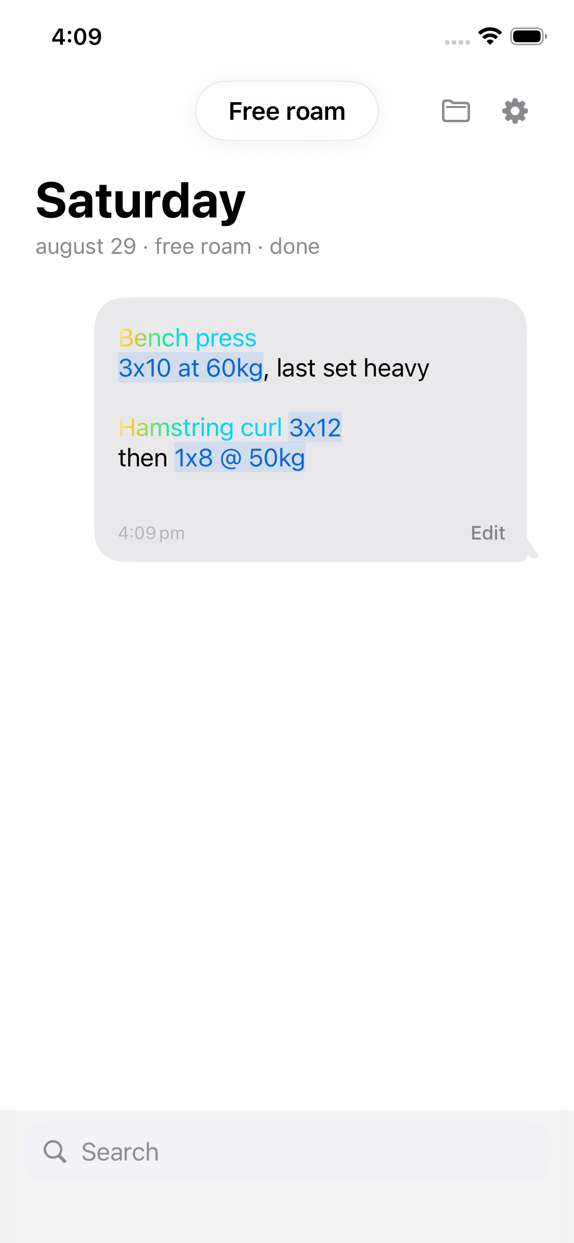 Twaka day page showing a logged workout parsed into sets and weights